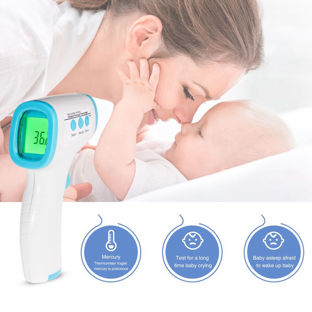 Digital Non-contact Infrared Forehead Thermometer LCD Backlight Display - White Blue