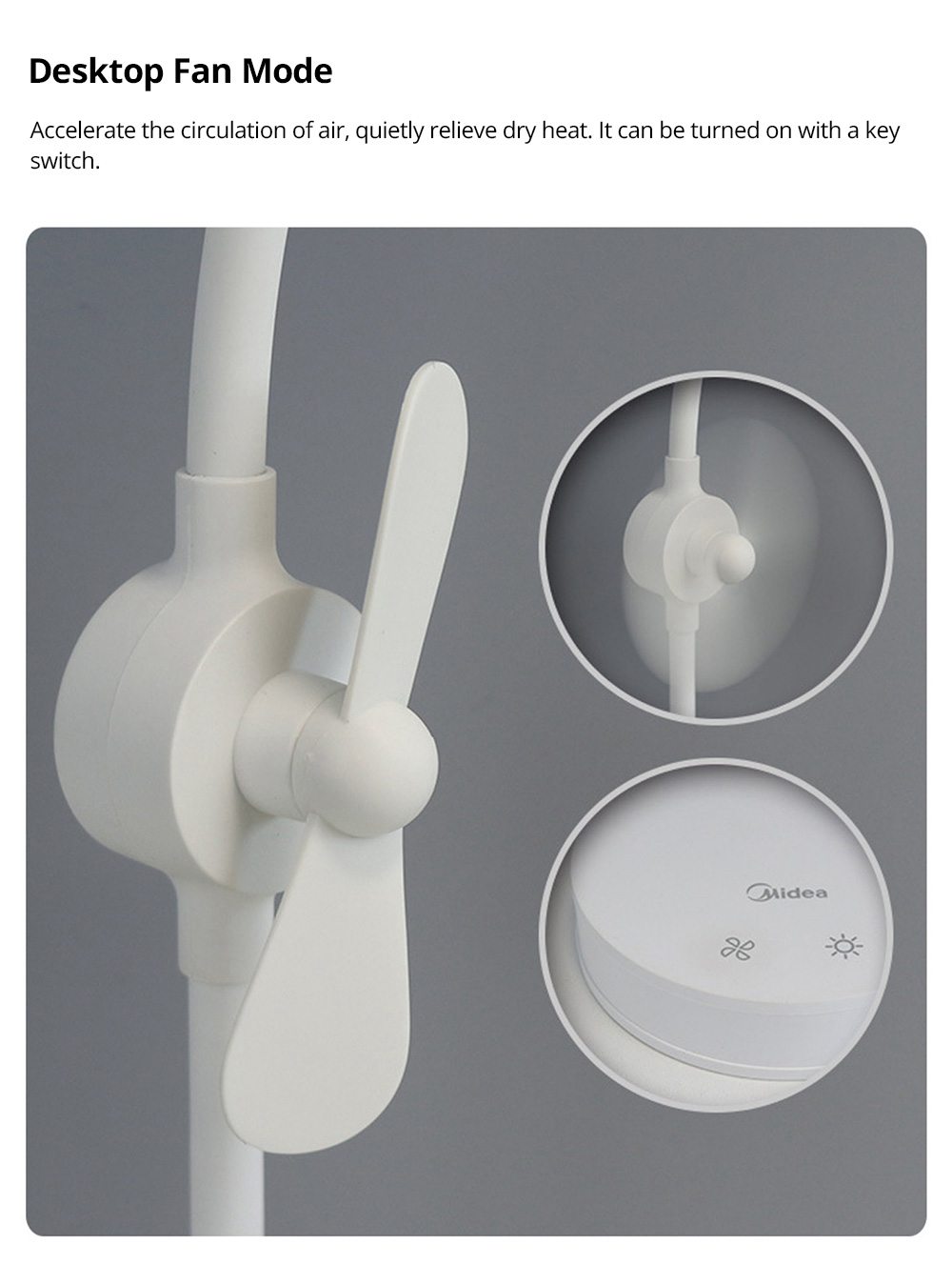 Midea Multi-function Table Lamp 4000K Color Temperature USB Charging 1800mAh Battery Three Modes Lighting Makeup Mirror Desktop Fan - White