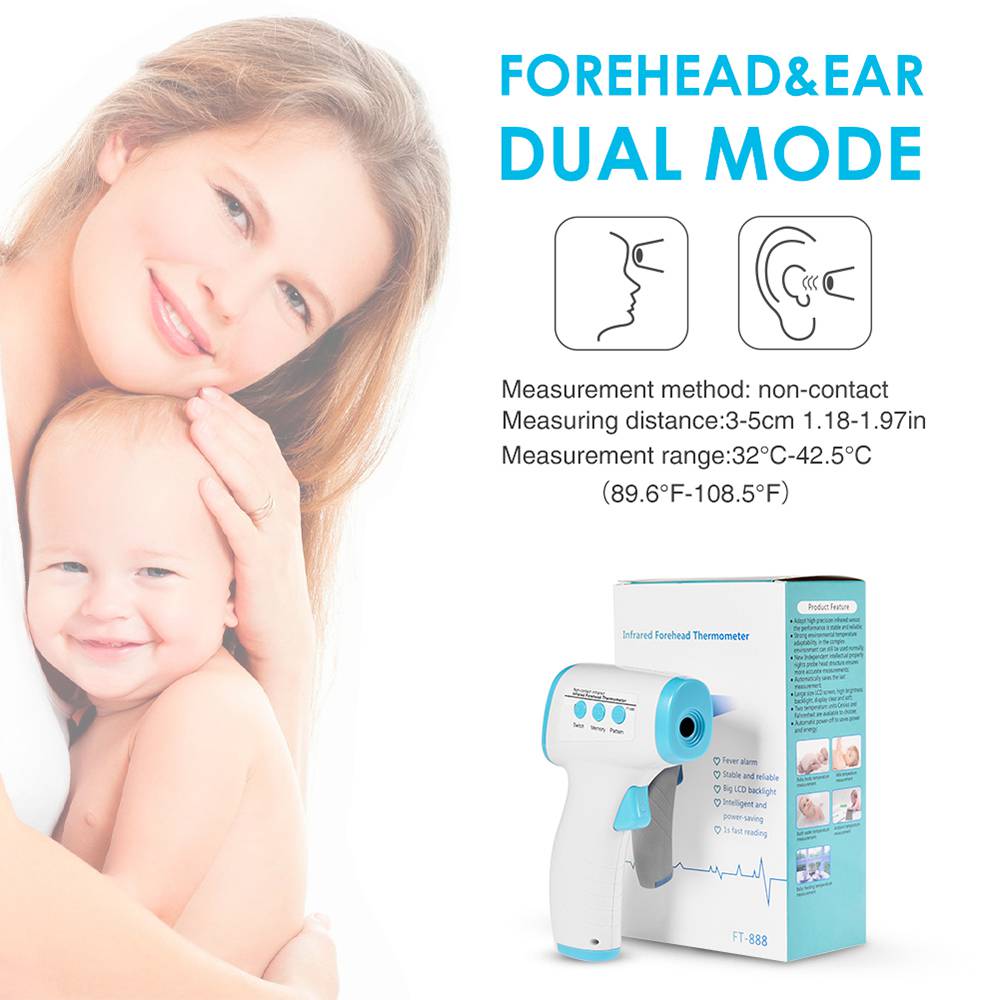Digital Non-contact Infrared Forehead Thermometer LCD Backlight Display - White Blue