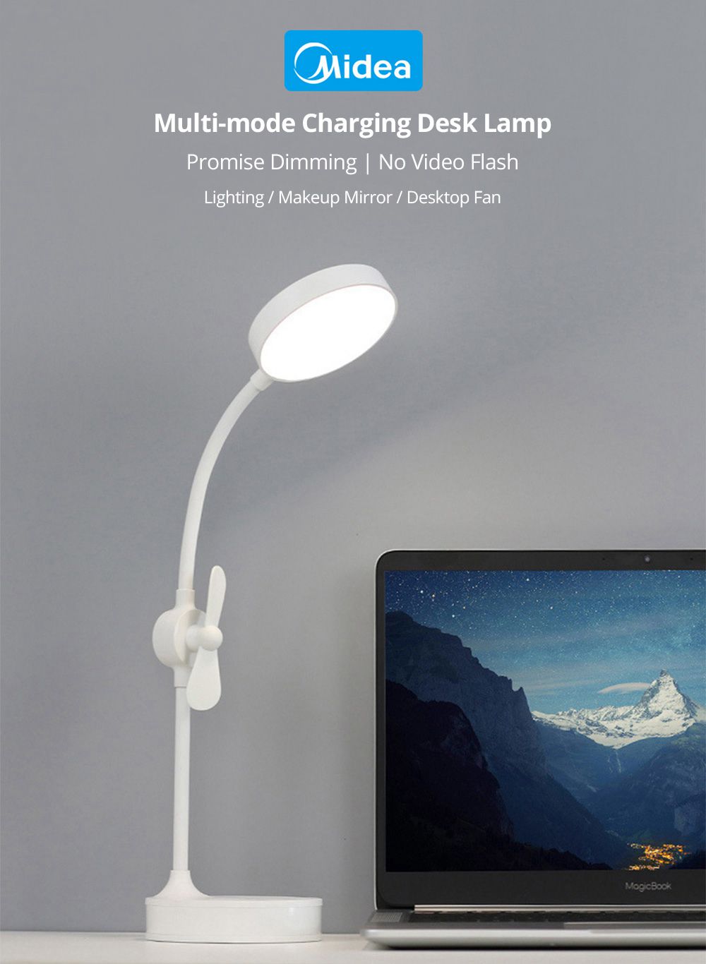 Midea Multi-function Table Lamp 4000K Color Temperature USB Charging 1800mAh Battery Three Modes Lighting Makeup Mirror Desktop Fan - White