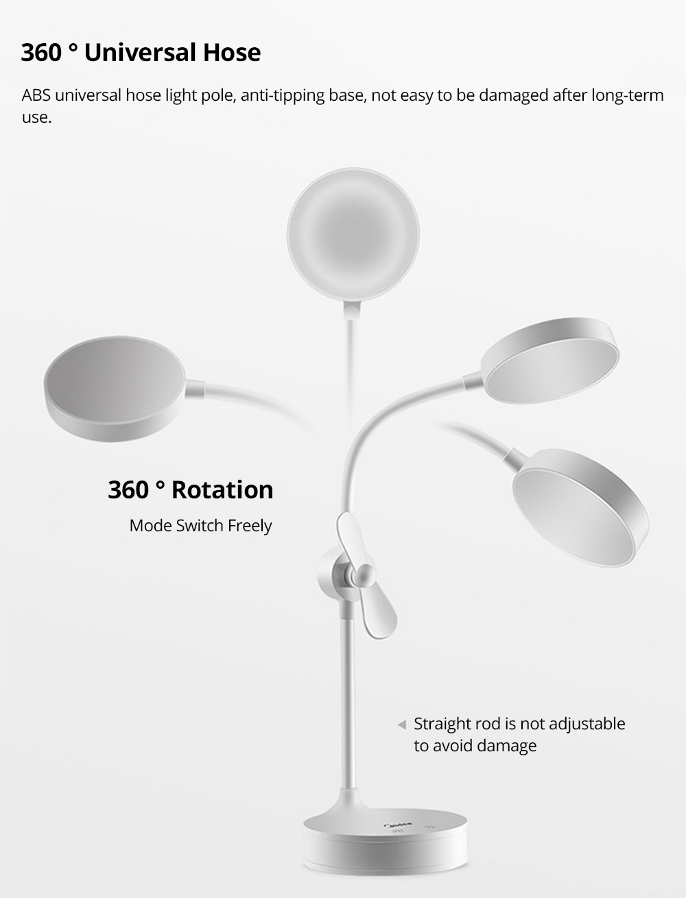 Midea Multi-function Table Lamp 4000K Color Temperature USB Charging 1800mAh Battery Three Modes Lighting Makeup Mirror Desktop Fan - White