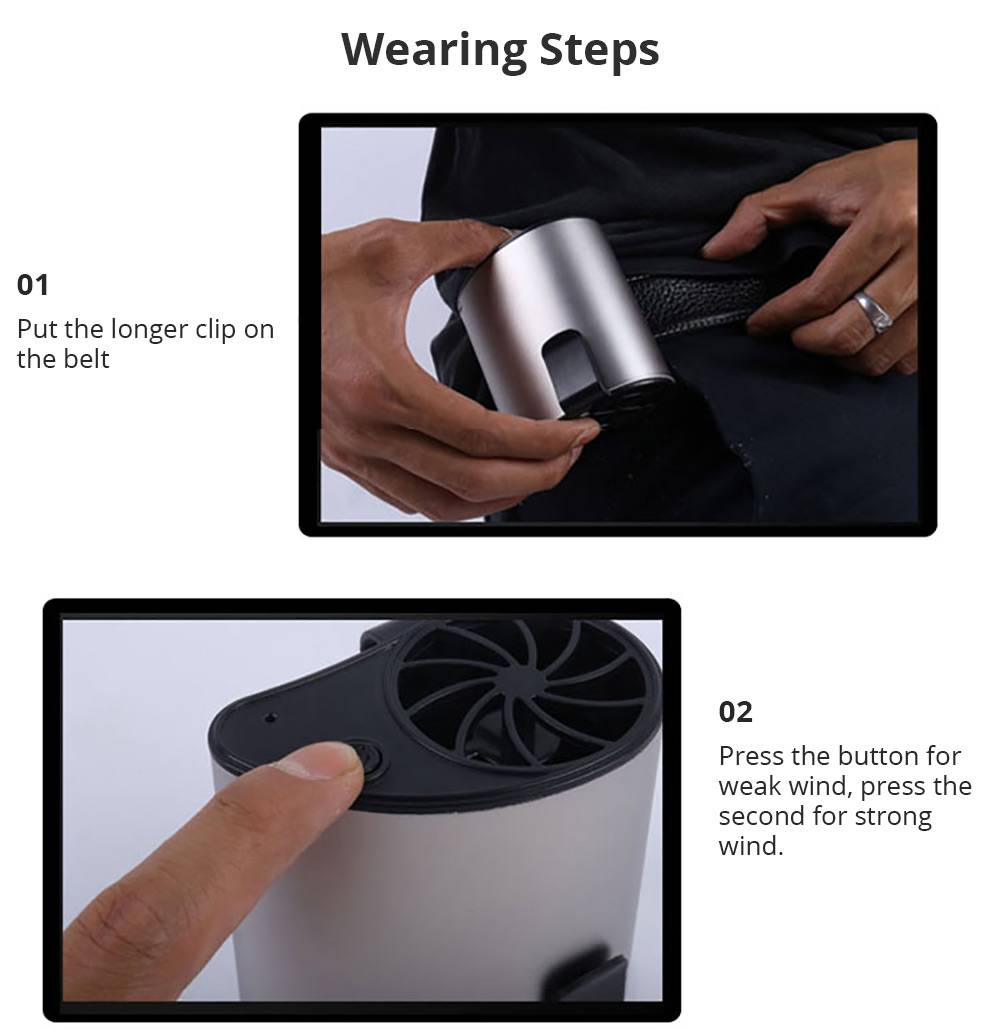 Portable Hanging Waist Fan USB Charging 1200mAh Battery Mobile Cooling Summer - Black