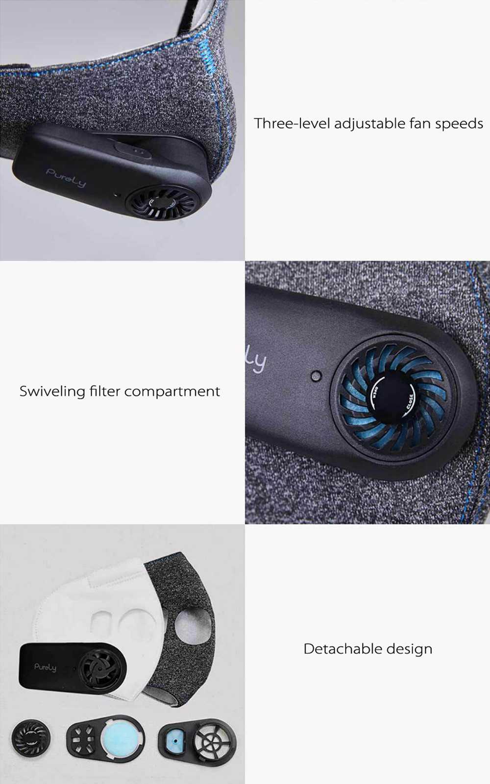 5PCS Xiaomi Purely Reusable Washable Electric N95 Face Mask 4-Layers Filter 99% PM 2.5 Protection With Breathing Valve Automatic Air-Purifying Supply for Anti-Pollution Dust Allergy Haze- Black