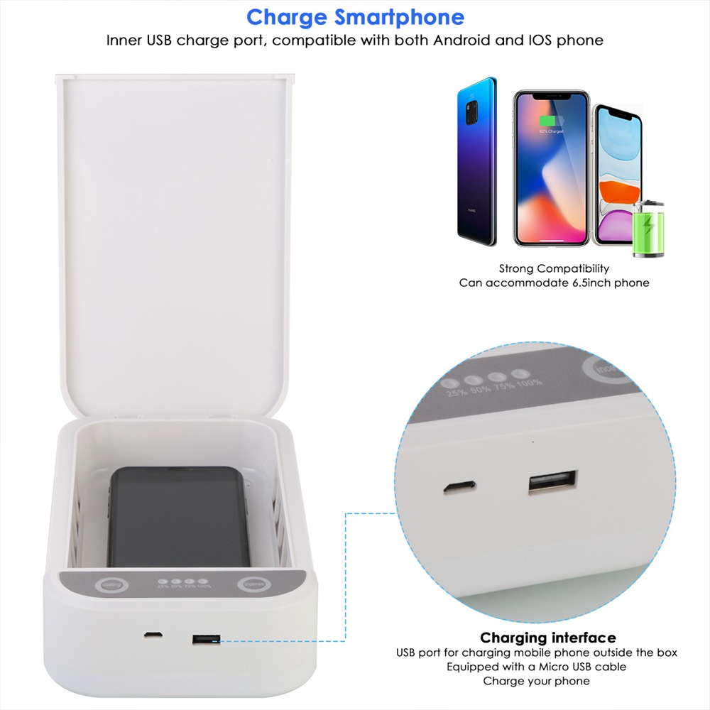 Portable Double UV Disinfection Box USB Charging For Phone Watch Glasses Toy Toothbrush Sterilization - White
