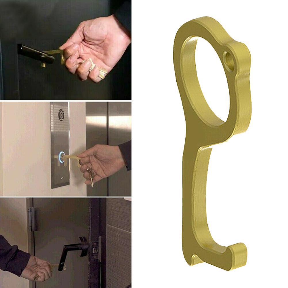 Hygiene Hand Antimicrobial Brass Clean Key, No-Touch Door Opener & Closer Stylus Keep Hands Clean, Portable Stick for Push The Elevator Button, Shape of Key - Easy to Carry and Use -Gold