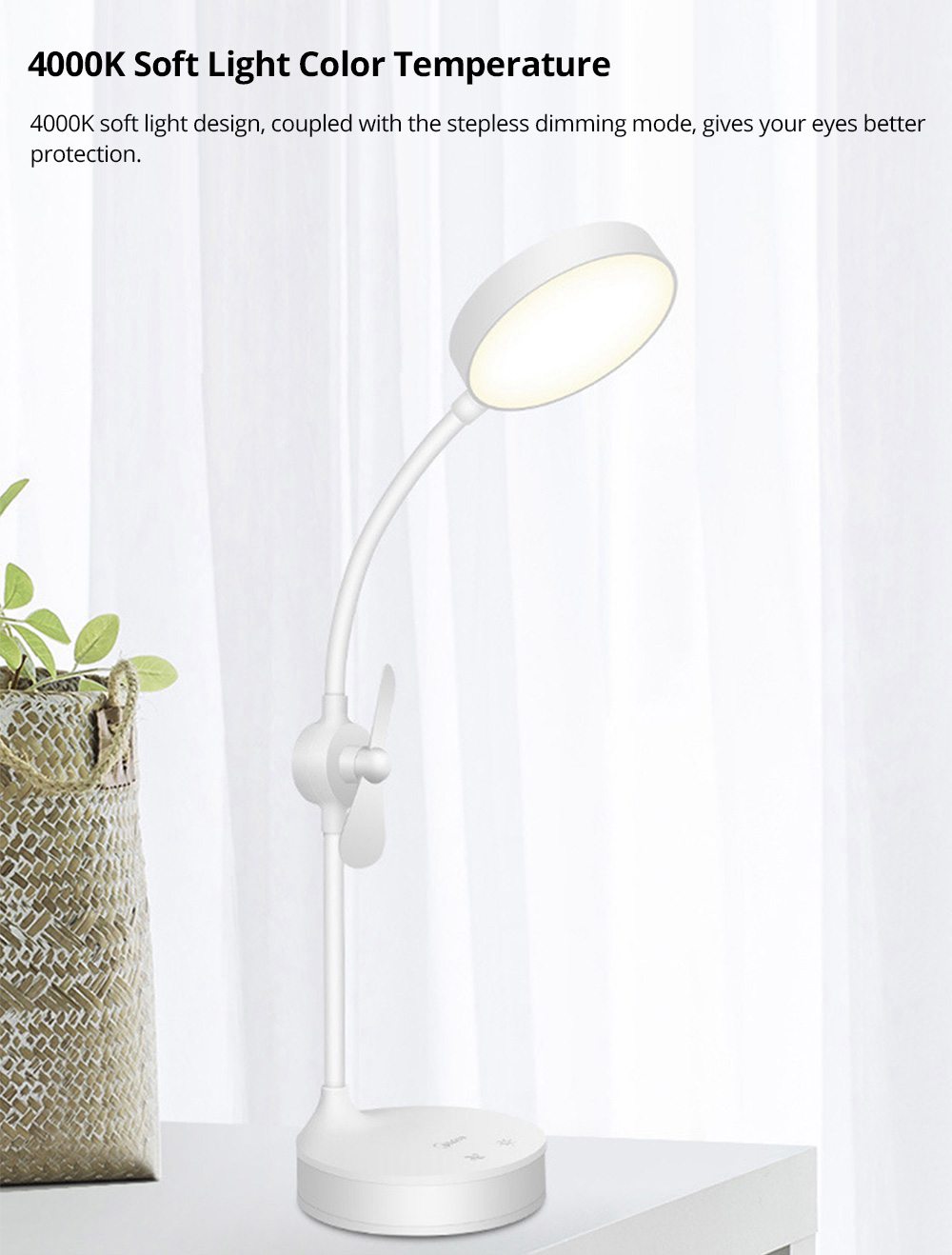 Midea Multi-function Table Lamp 4000K Color Temperature USB Charging 1800mAh Battery Three Modes Lighting Makeup Mirror Desktop Fan - White