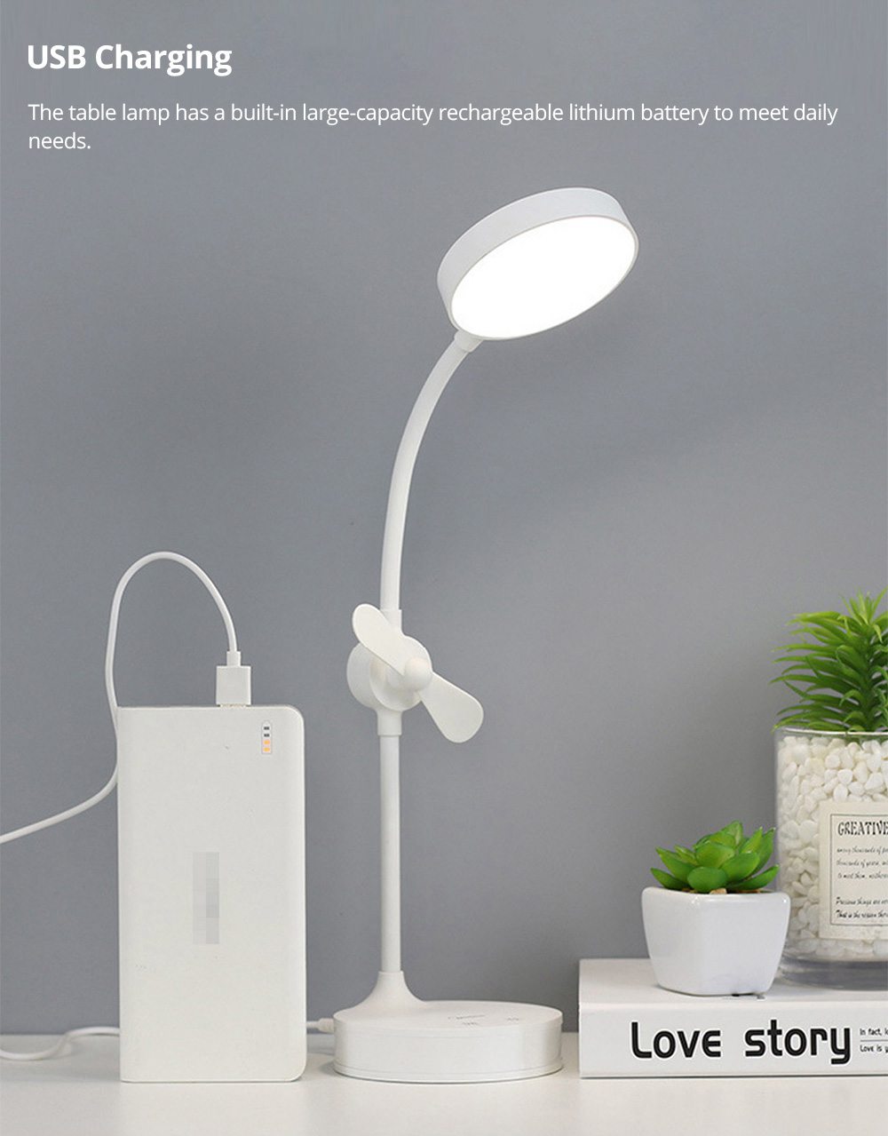 Midea Multi-function Table Lamp 4000K Color Temperature USB Charging 1800mAh Battery Three Modes Lighting Makeup Mirror Desktop Fan - White