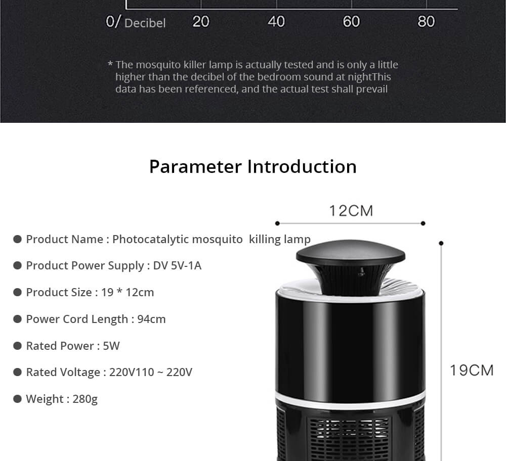 Electric Mosquito Killer Lamp Portable Mute Pure physical Photocatalyst Insect Pest Trap Lamp For Home Outdoor Camping USB Version 365 - Black