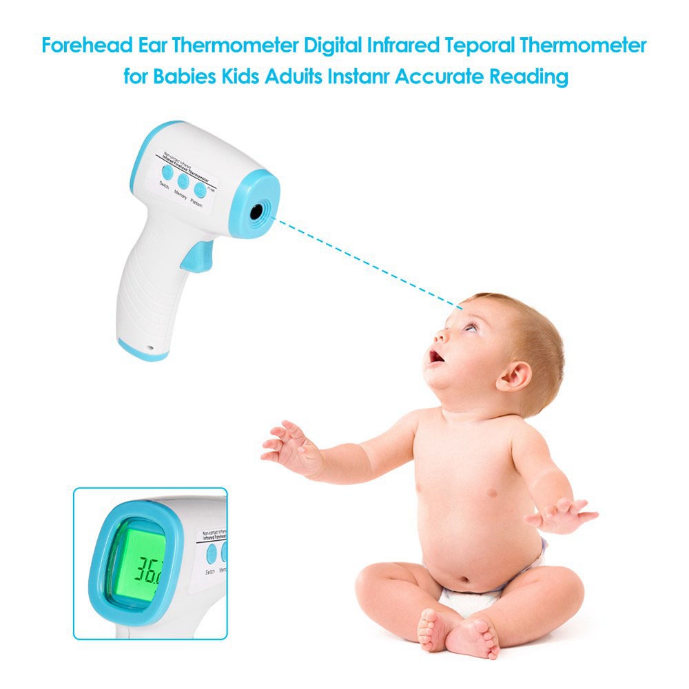 Digital Non-contact Infrared Forehead Thermometer LCD Backlight Display - White Blue