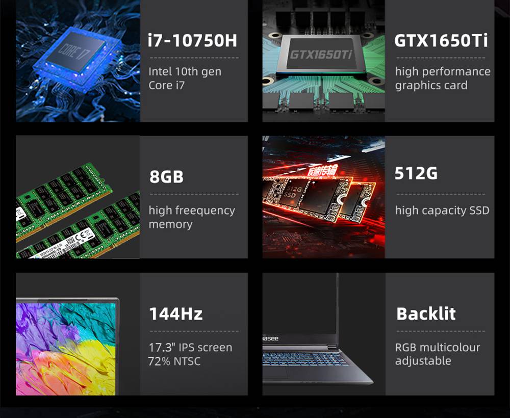 Hasee G7T-CU7NA Gaming Laptop Intel Core i7-10750H 17.3 Inch 144Hz 1920 x 1080 FHD Screen NVIDIA GeForce®GTX 1650Ti Windows 10 8GB DDR4 512GB SSD RGB Backlit Keyboard English Version - Black