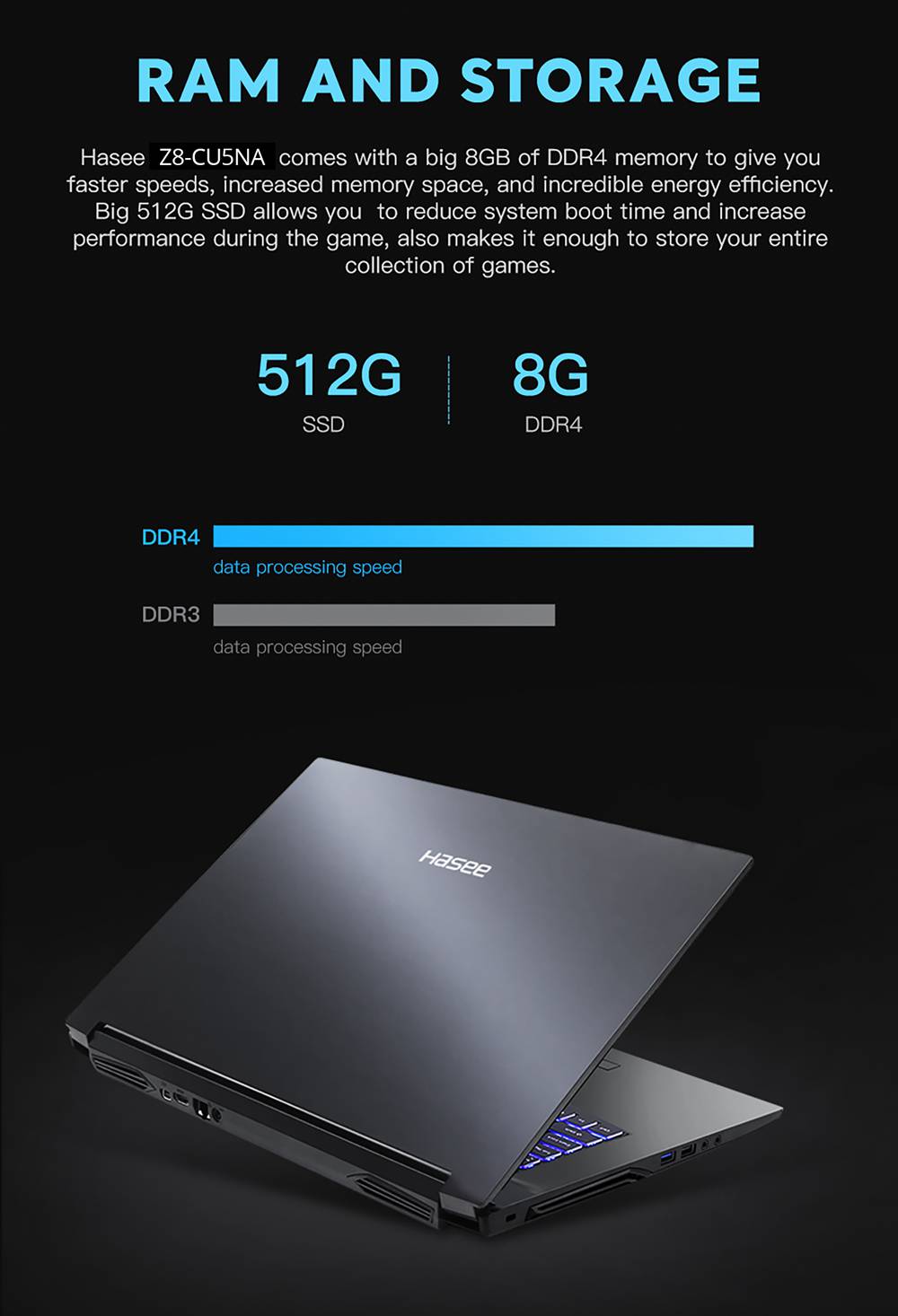 Hasee Z8-CU5NA Laptop Intel Core i5-10300H 15.6 Inch FHD Screen 1920 x 1080 Resolution Windows 10 8GB DDR4 512GB SSD - Black