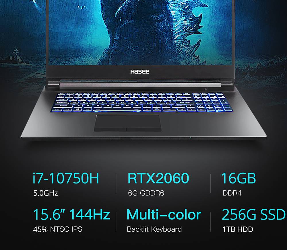 Hasee Z8-CU7NA Laptop Intel Core i5-10750H 15.6 Inch FHD Screen 1920 x 1080 Resolution Windows 10 16GB DDR4 256GB SSD 1TB HDD - Black