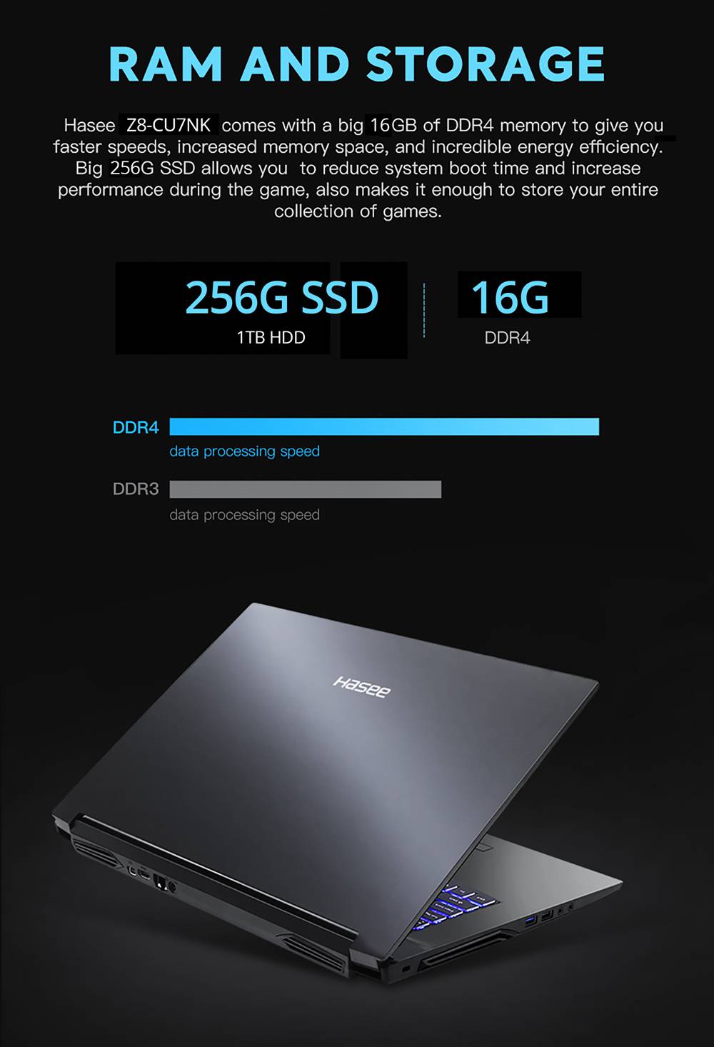 Hasee Z8-CU7NA Laptop Intel Core i5-10750H 15.6 Inch FHD Screen 1920 x 1080 Resolution Windows 10 16GB DDR4 256GB SSD 1TB HDD - Black
