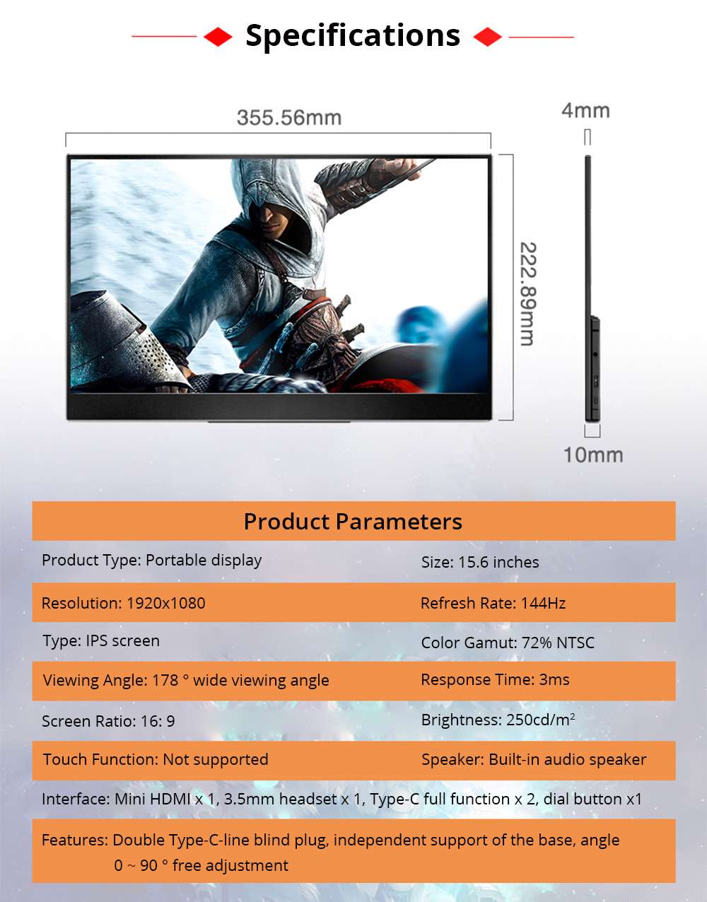 Sculptor MF156LM 15.6" 1080P FHD IPS 144Hz Portable Monitor 72% NTSC HDR Dual Type-C+Mini HDMI Gaming Display Screen For Smartphones Digital Cameras Tablets Laptops Game Consoles - Black