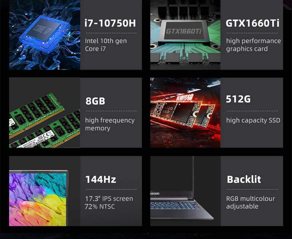 Hasee G7-CU7NA Gaming Laptop Intel Core i7-10750H 17.3 Inch 144Hz 1920 x 1080 FHD Screen NVIDIA GeForce® GTX 1660 Ti Windows 10 8GB DDR4 512GB SSD RGB Backlit Keyboard English Version - Black