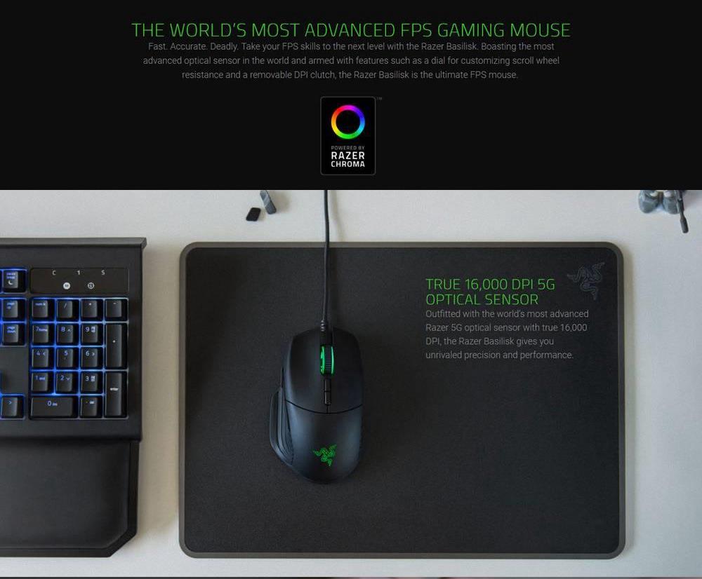Razer Basilisk Wired Mouse Chroma Enabled RGB FPS 16000 DPI Customizable Scroll Wheel Resistance Gaming - Quartz Pink
