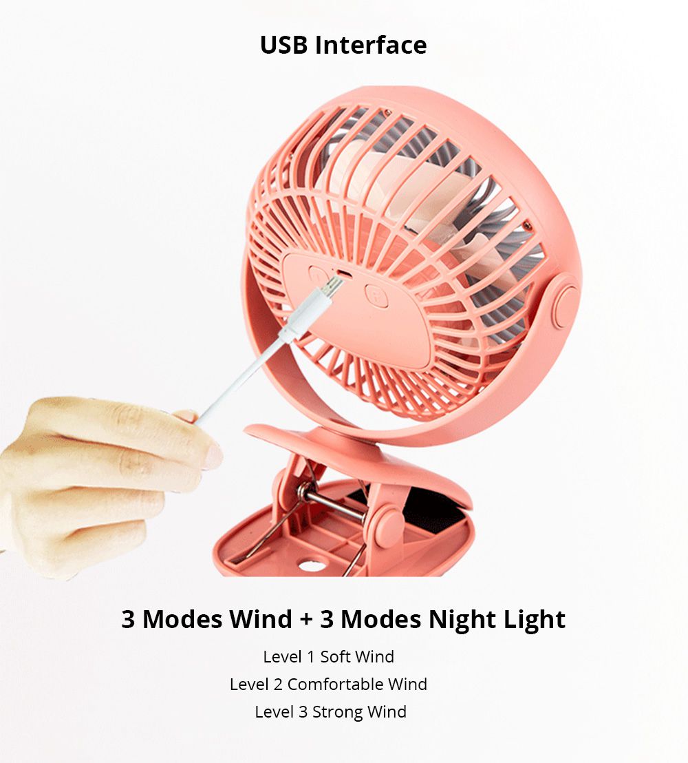 Portable Silent Desktop Clip Fan Rotatable USB Charging DV 5V 2000mAh Battery With Light For Student Dormitory Office - White