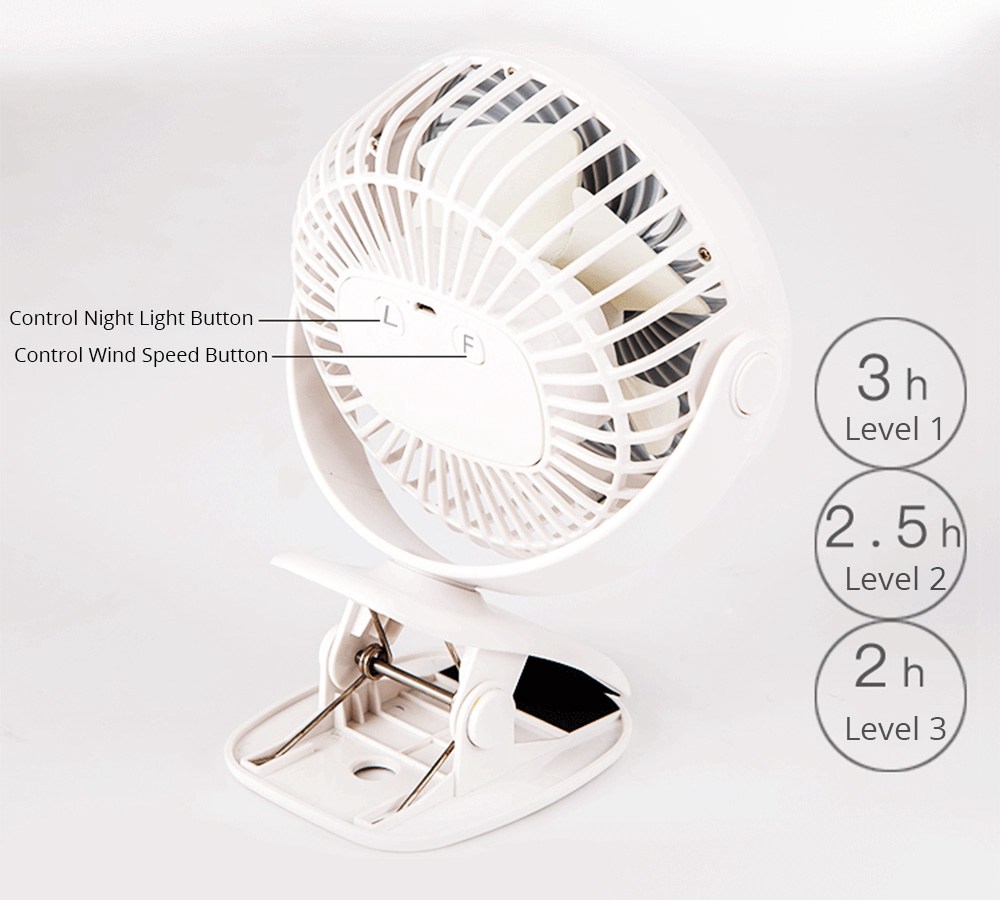 Portable Silent Desktop Clip Fan Rotatable USB Charging DV 5V 2000mAh Battery With Light For Student Dormitory Office - White