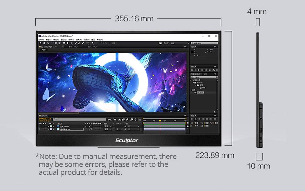 Sculptor MU156LT 15.6" 4K UHD IPS OSD Dial Button Portable Monitor 72% NTSC HDR Dual Type-C+Mini HDMI Gaming Display Screen For Smartphones Digital Cameras Tablets Laptops Game Consoles - Black