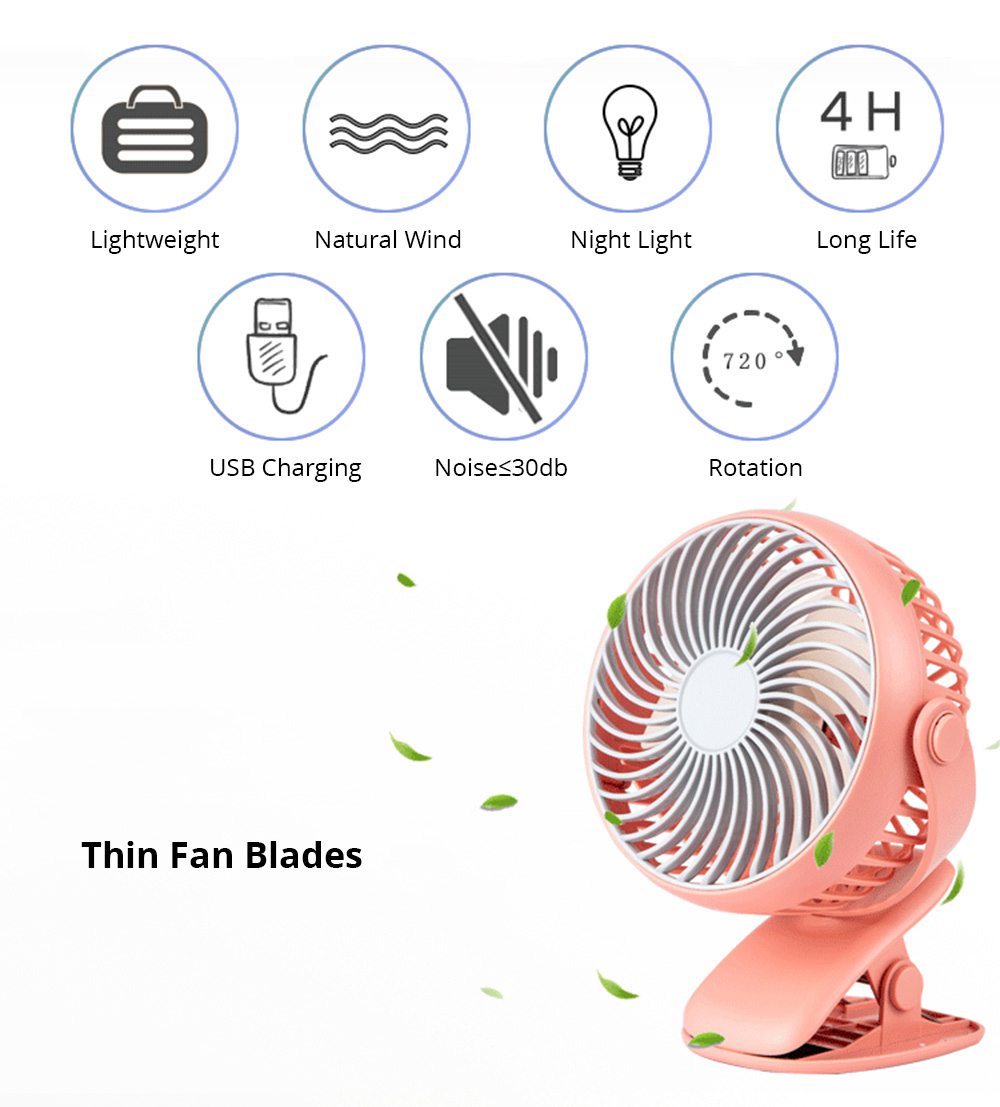 Portable Silent Desktop Clip Fan Rotatable USB Charging DV 5V 2000mAh Battery With Light For Student Dormitory Office - White