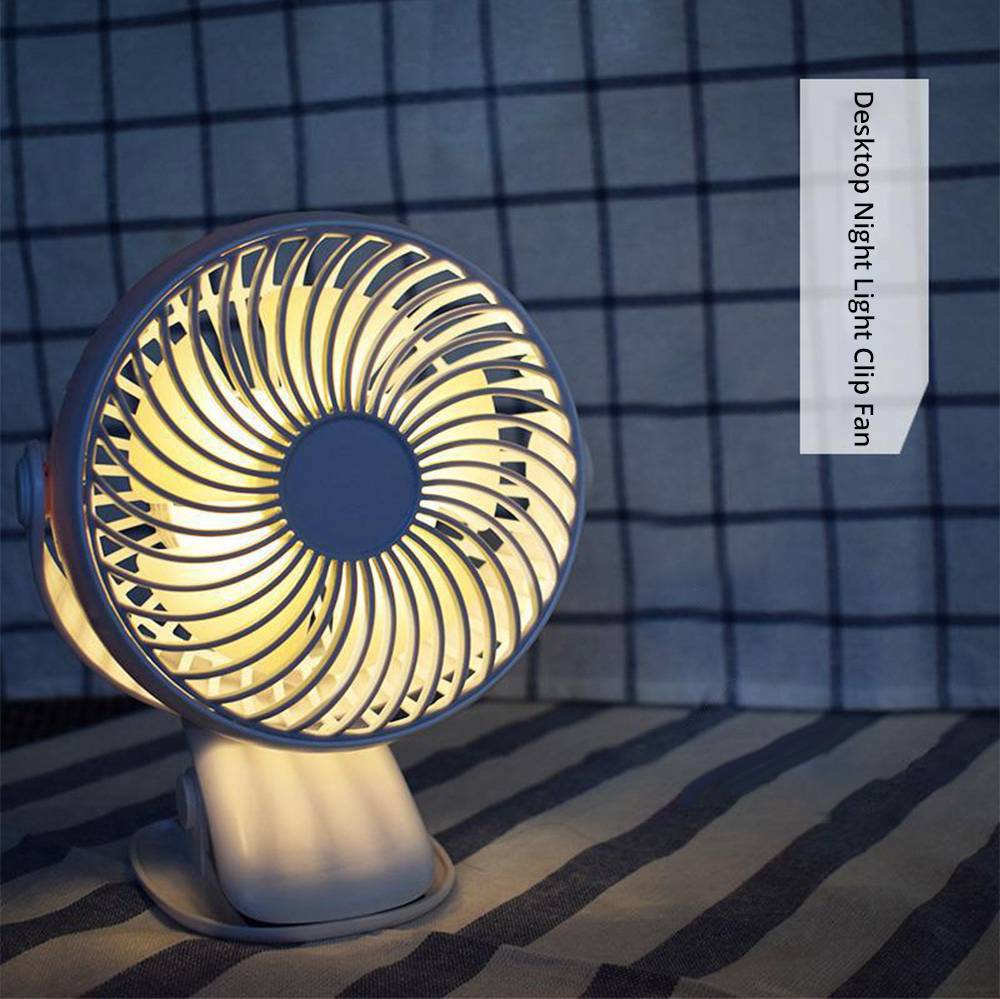 Portable Silent Desktop Clip Fan Rotatable USB Charging DV 5V 2000mAh Battery With Light For Student Dormitory Office - White