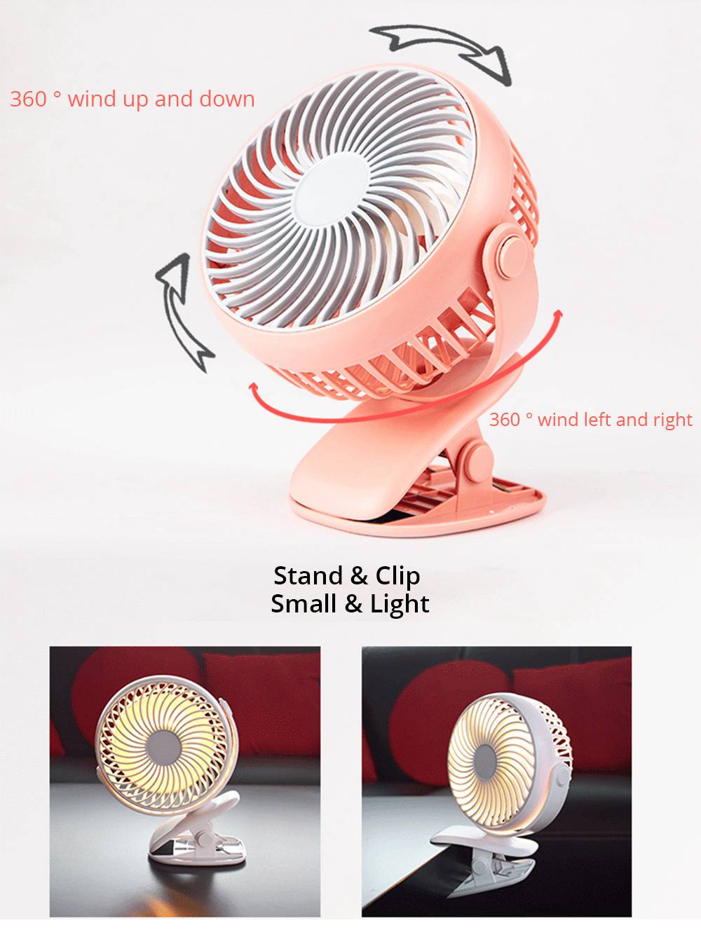 Portable Silent Desktop Clip Fan Rotatable USB Charging DV 5V 2000mAh Battery With Light For Student Dormitory Office - White
