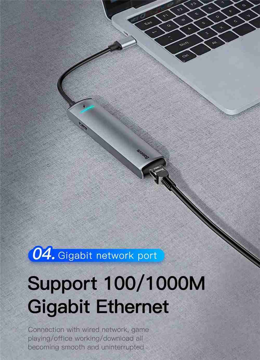 Baseus CAHUB-J0G Smart HUB Adapter Anti-fingerprint LED Display With Three USB 3.0 Ports 4K HD Display Interface Gigabit RJ45 Network Port - Grey
