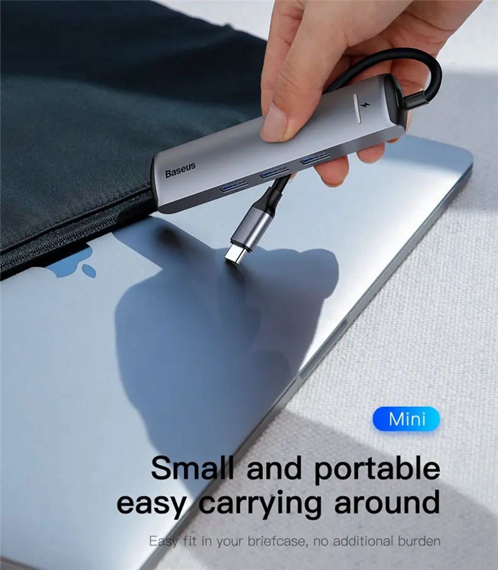 Baseus CAHUB-J0G Smart HUB Adapter Anti-fingerprint LED Display With Three USB 3.0 Ports 4K HD Display Interface Gigabit RJ45 Network Port - Grey