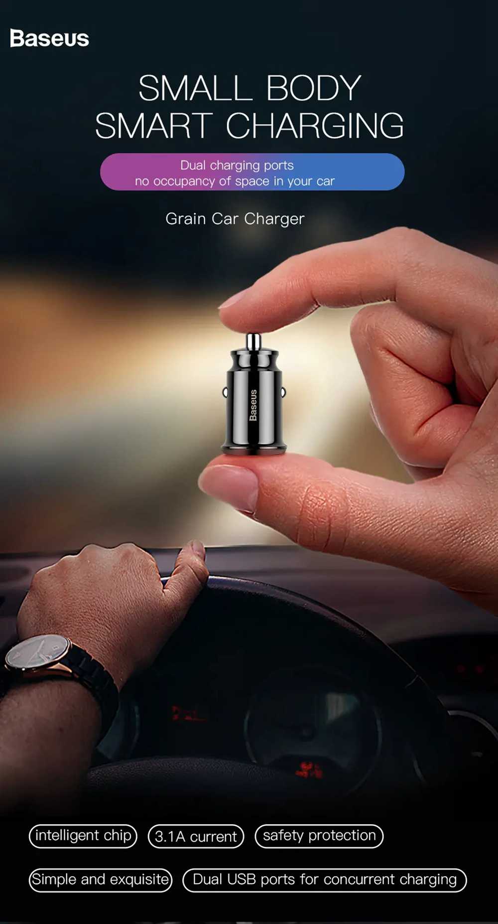 Baseus Grain 3.1A Dual USB Ports Smart Car Fast Charger With LED Indicator - Black