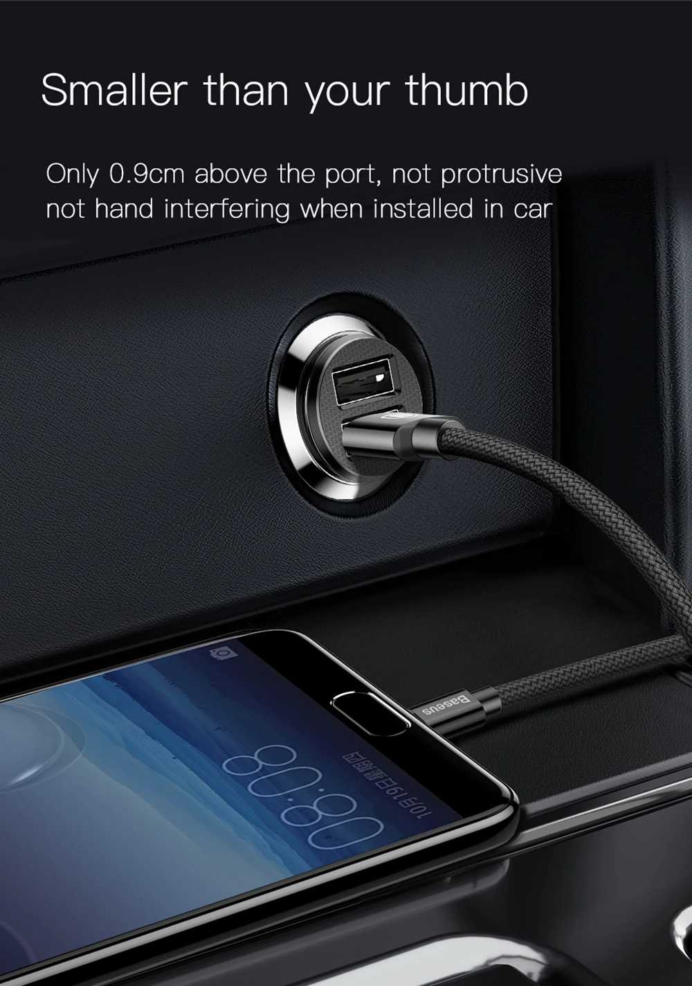 Baseus Grain 3.1A Dual USB Ports Smart Car Fast Charger With LED Indicator - Black