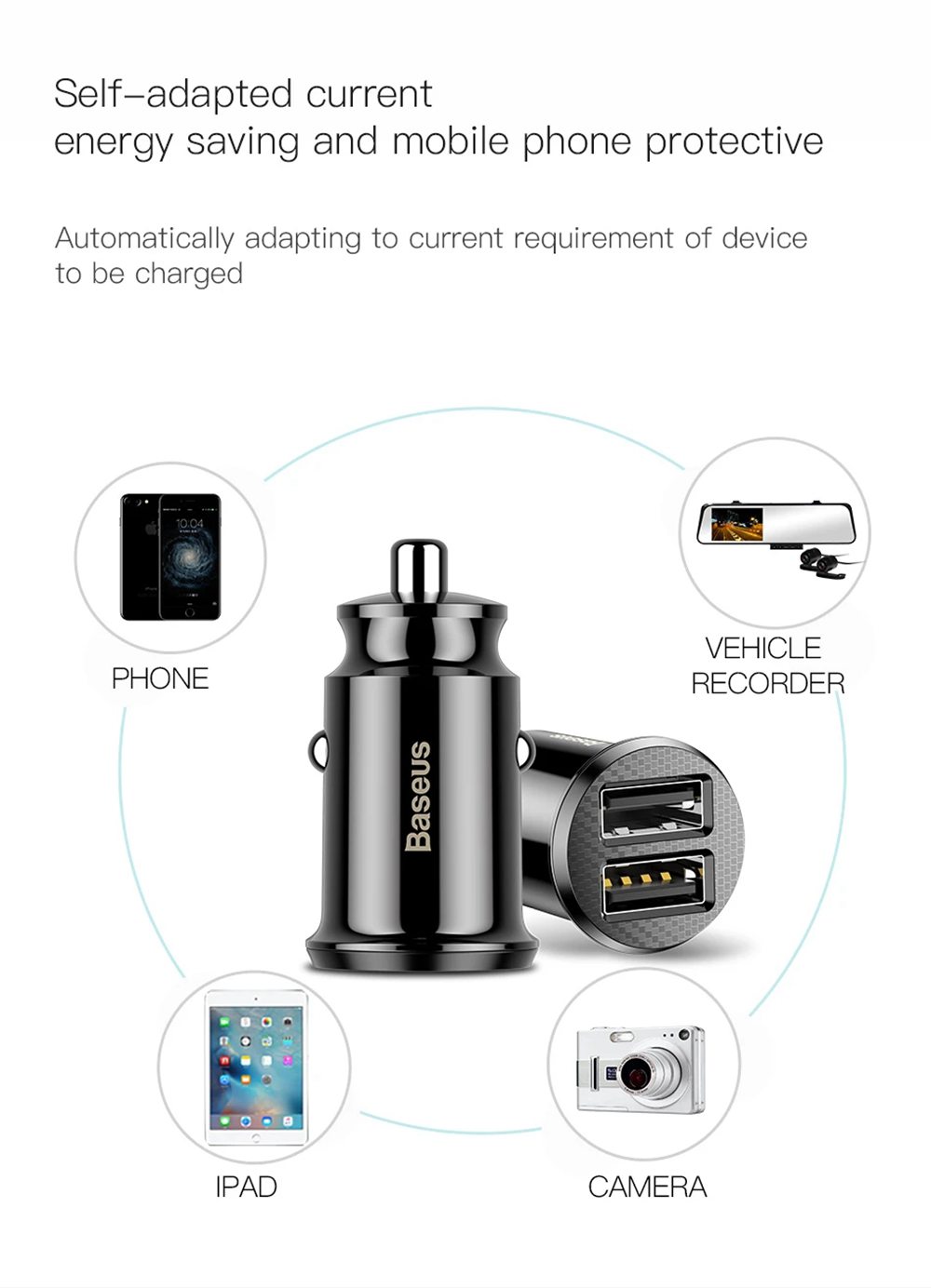 Baseus Grain 3.1A Dual USB Ports Smart Car Fast Charger With LED Indicator - Black