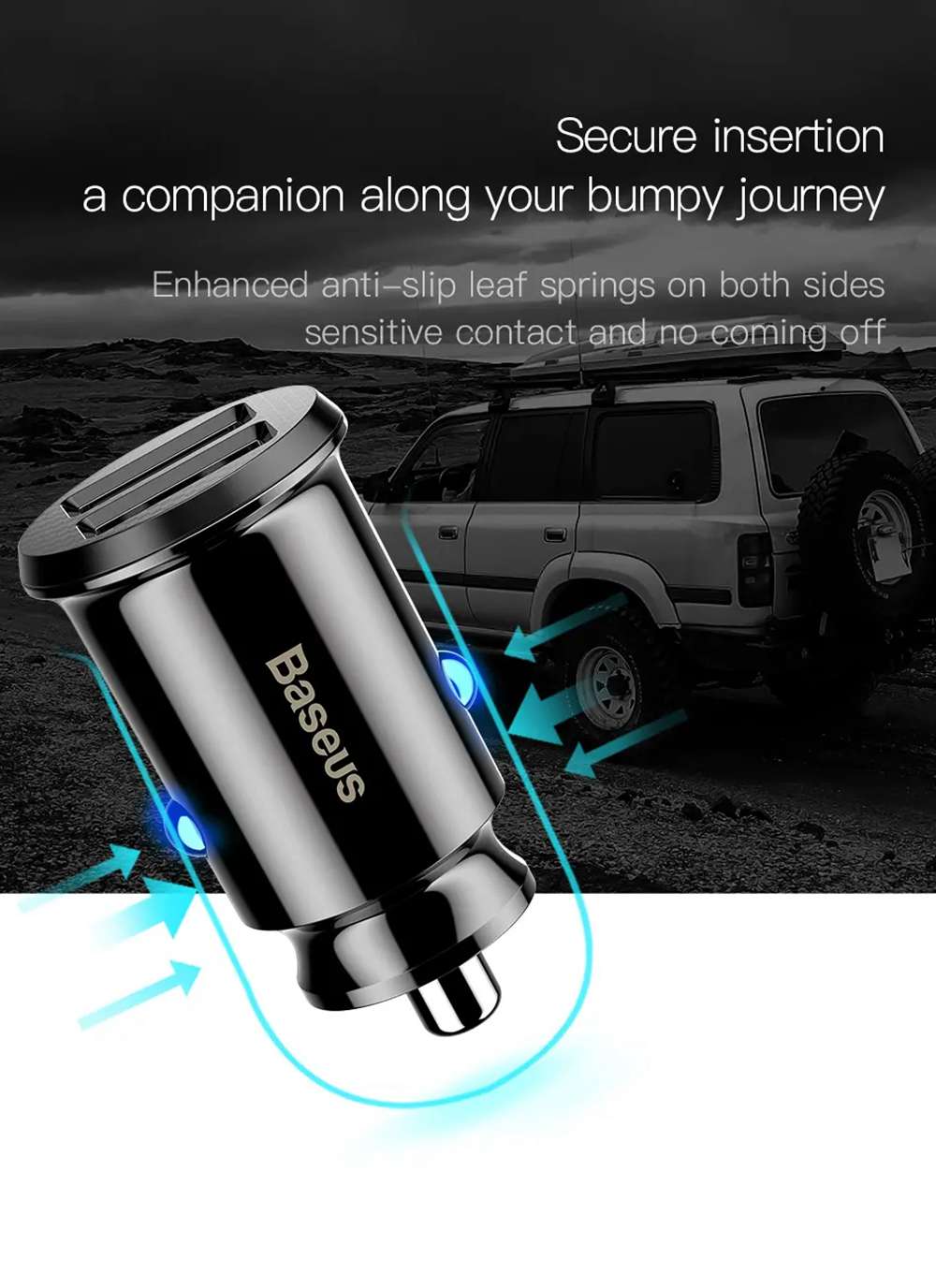 Baseus Grain 3.1A Dual USB Ports Smart Car Fast Charger With LED Indicator - Black