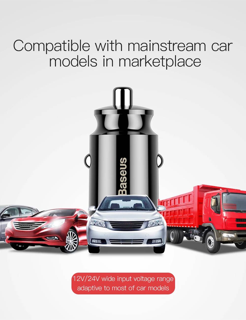 Baseus Grain 3.1A Dual USB Ports Smart Car Fast Charger With LED Indicator - Black