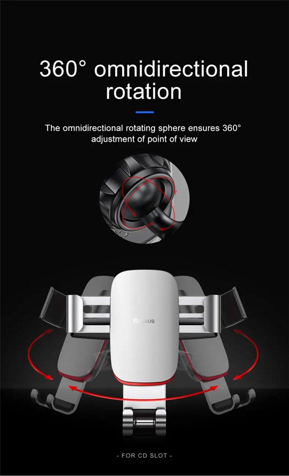 Baseus Metal Age Gravity Linkage Auto Lock CD Slot Car Mount Holder Multi-angle Rotation One-handed Operation For 4.0-6.0 Inch Phone - Black
