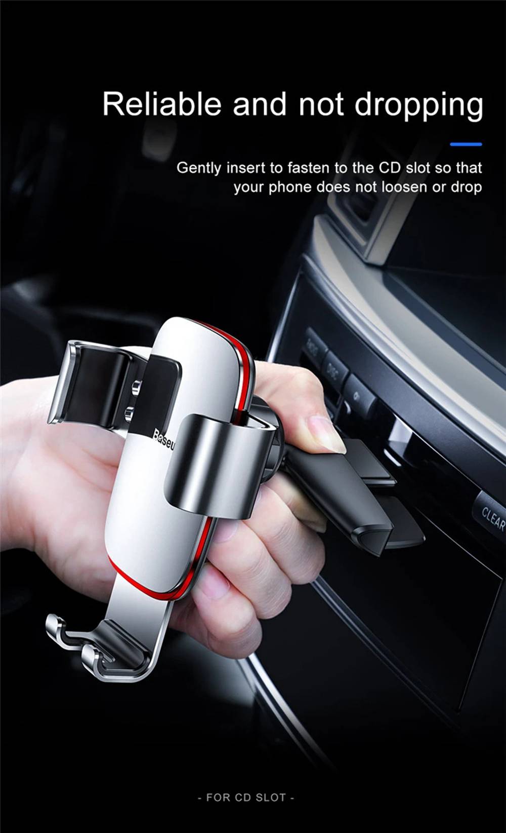 Baseus Metal Age Gravity Linkage Auto Lock CD Slot Car Mount Holder Multi-angle Rotation One-handed Operation For 4.0-6.0 Inch Phone - Black