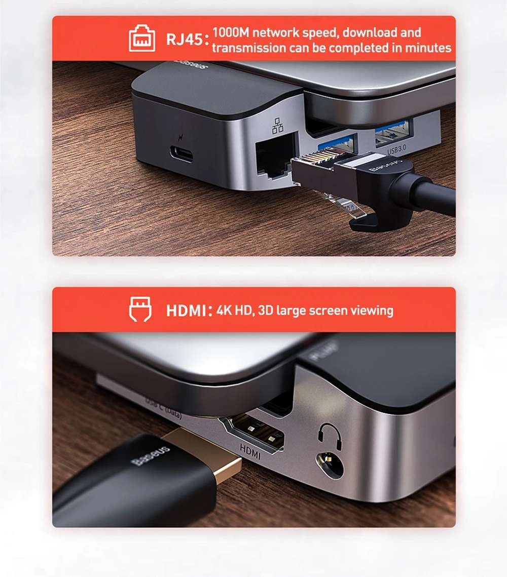 Baseus Multifunctional HUB USB 3.0 x 3 HDMI x 1 RJ45 x 1 Type-C x 3 3.5 Audio x 1 Speed Data Transfer Adapter For Notebook Pro - Space Gray