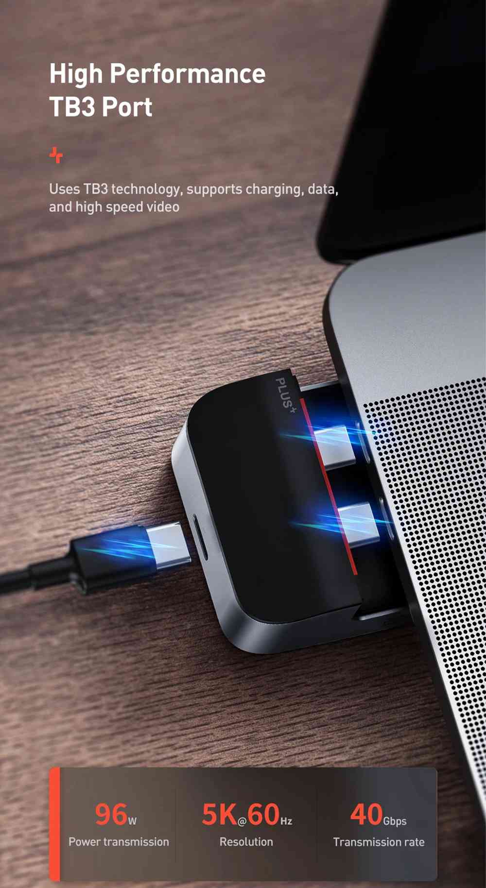 Baseus Multifunctional HUB USB 3.0 x 3 HDMI x 1 RJ45 x 1 Type-C x 3 3.5 Audio x 1 Speed Data Transfer Adapter For Notebook Pro - Space Gray