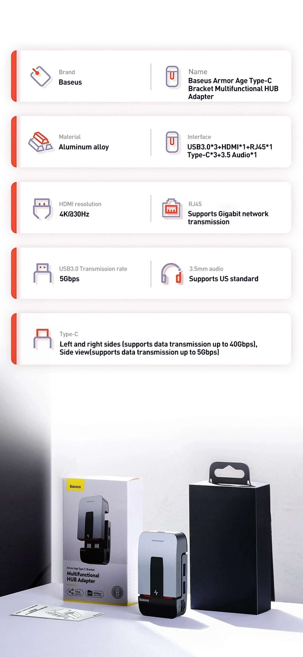 Baseus Multifunctional HUB USB 3.0 x 3 HDMI x 1 RJ45 x 1 Type-C x 3 3.5 Audio x 1 Speed Data Transfer Adapter For Notebook Pro - Space Gray