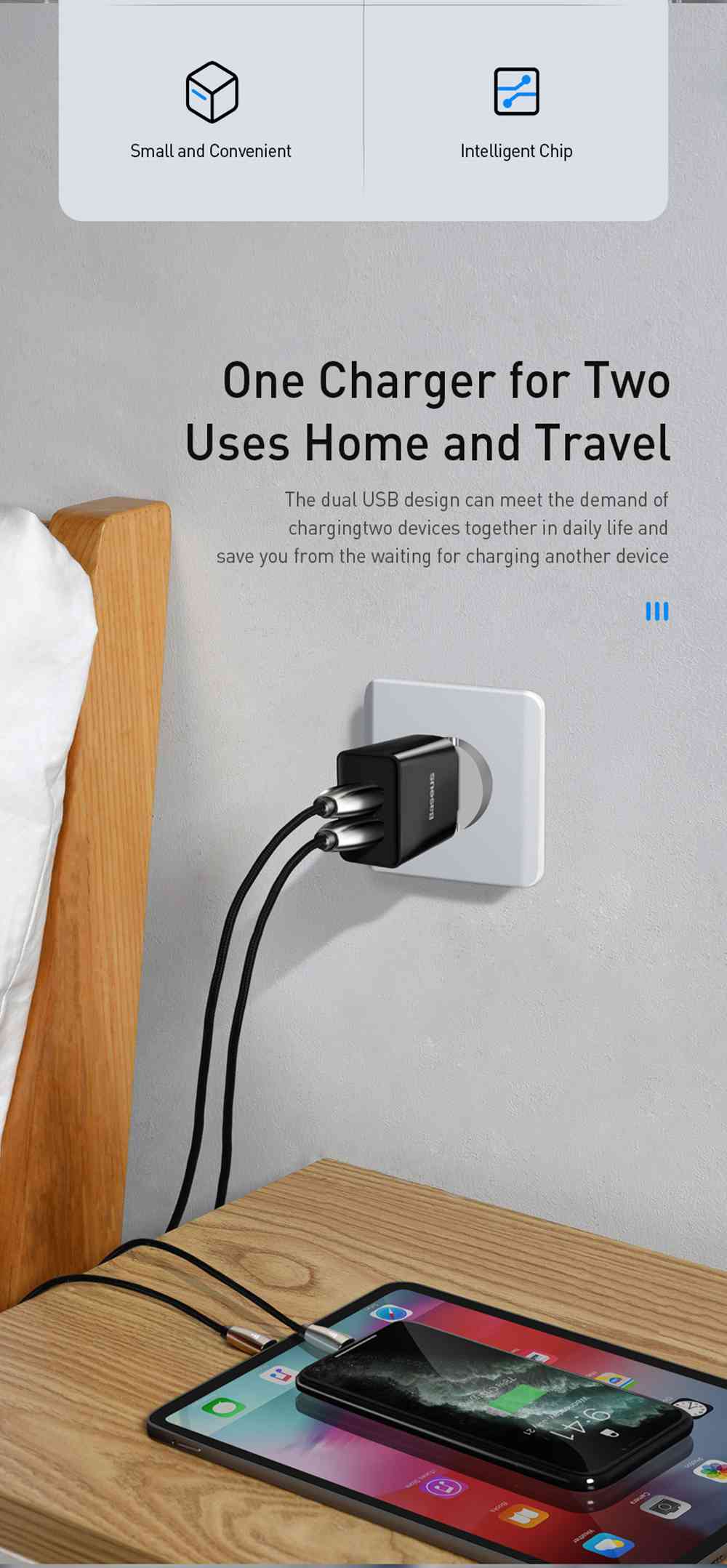 Baseus Speed Mini 10.5W 2A Smart Protection Dual USB Travel Charger EU Plug - Black