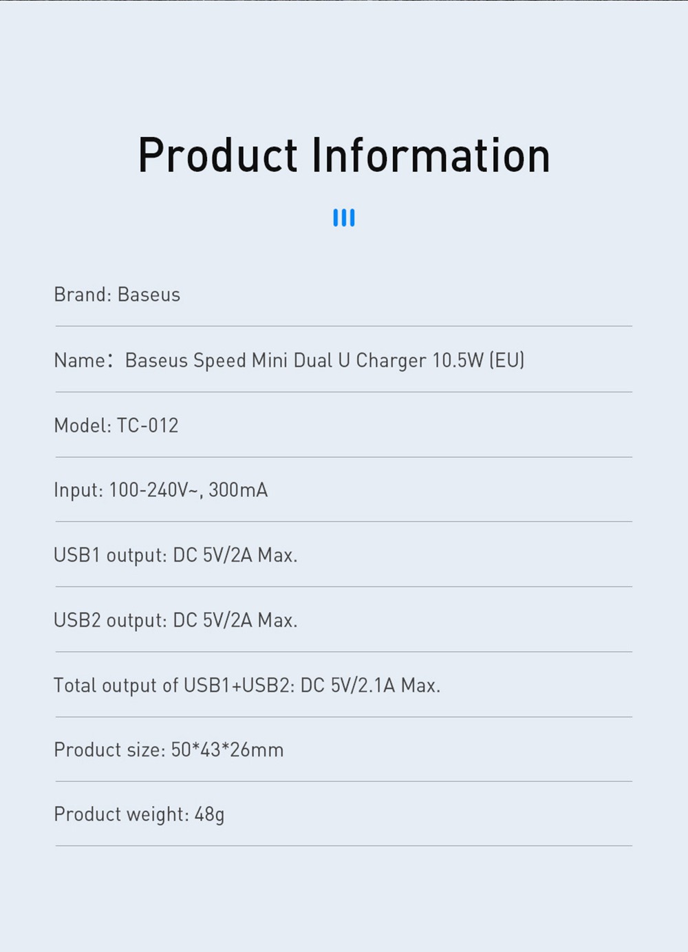 Baseus Speed Mini 10.5W 2A Smart Protection Dual USB Travel Charger EU Plug - Black