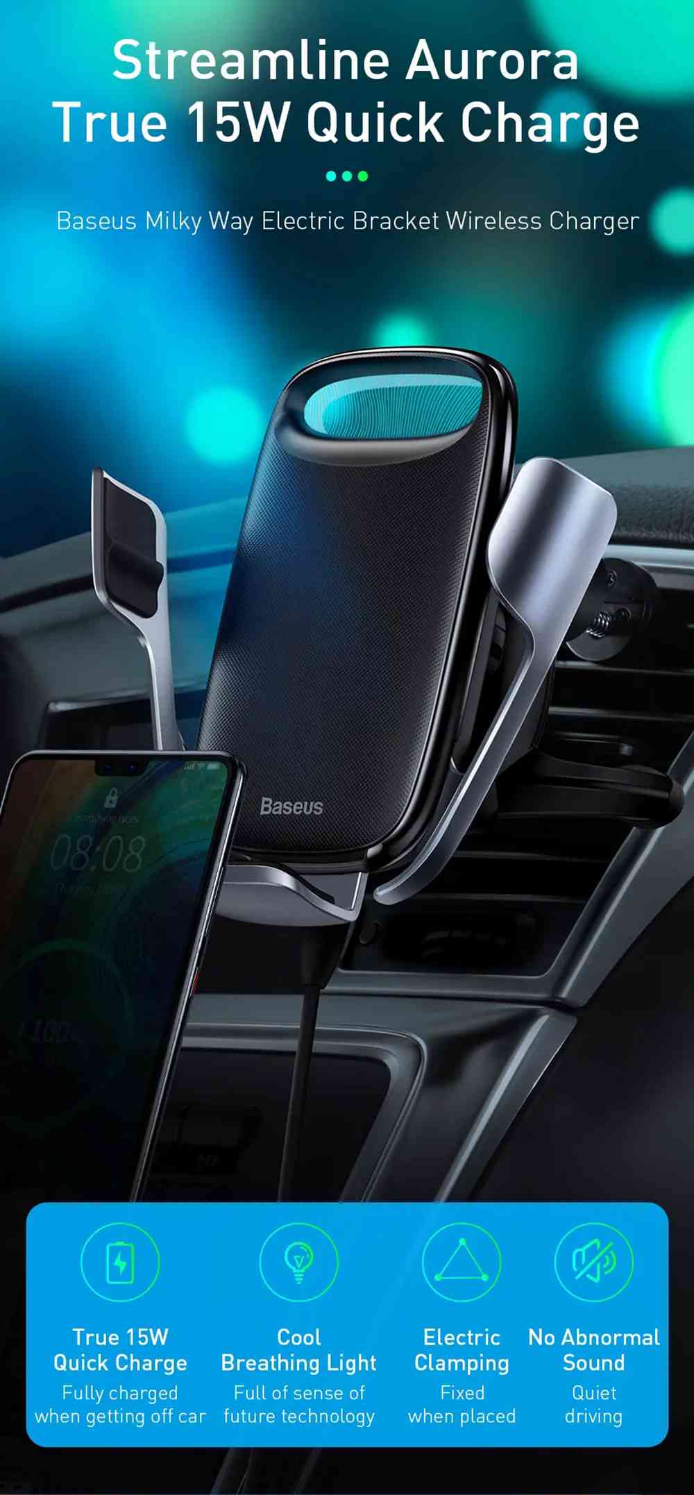 Baseus Wireless Qi 15W QC 3.0 Fast Charging Rotatable Car Air Vent Phone Holder For 4.7 "-6.5" Smartphone - Black