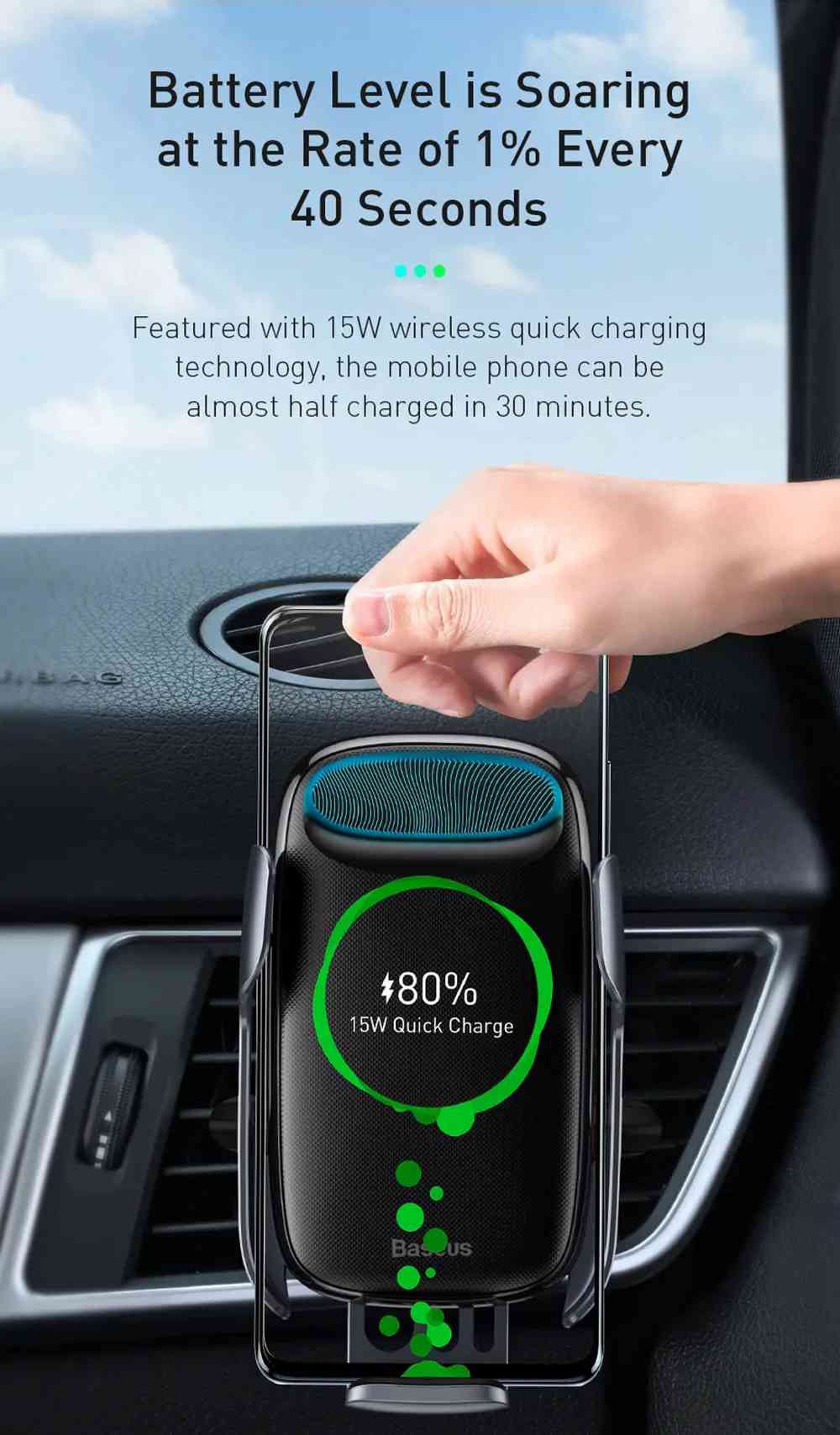 Baseus Wireless Qi 15W QC 3.0 Fast Charging Rotatable Car Air Vent Phone Holder For 4.7 "-6.5" Smartphone - Black