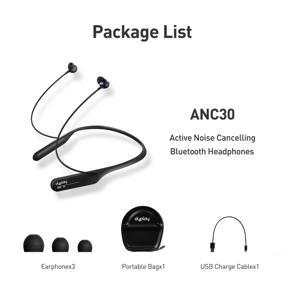 dyplay Active 30 Bluetooth Wireless Neckband Headset with Mic CSR ANC Active Noise Cancelling Call Reminder - Black
