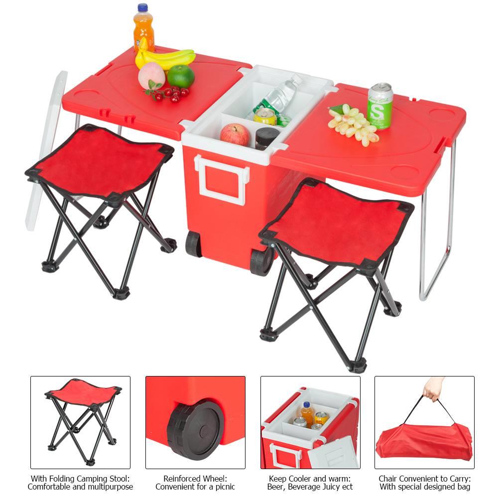 Outdoor Portable Multifunctional Folding Refrigerator Cooling Function Insulation With Two Stools For Picnic Hiking - Red