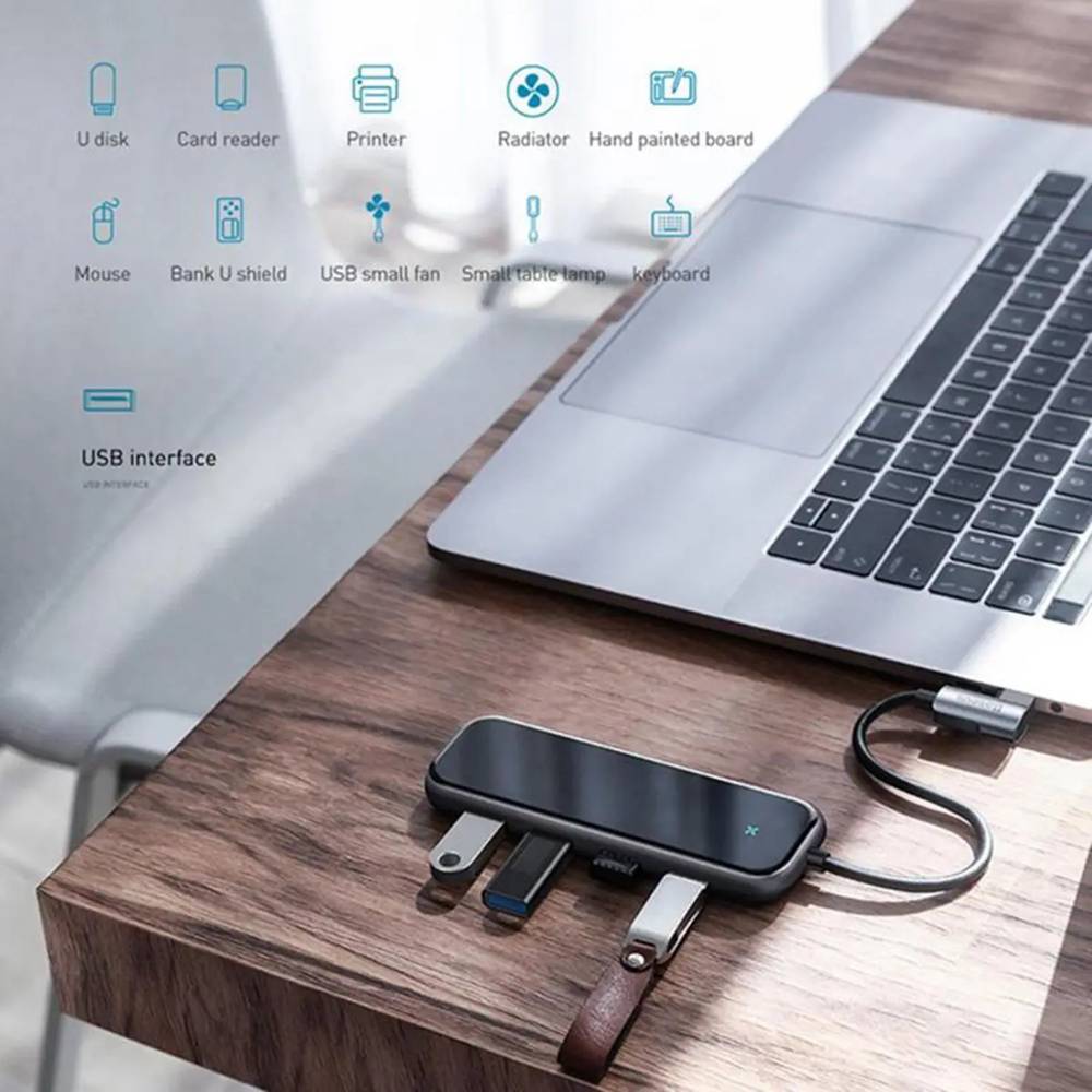 Baseus Multifunction HUB Adapter With 4 x USB 3.0 Ports + Type-C PD Charging Port For Type-C Laptop MacBook Smartphone - Dark Grey