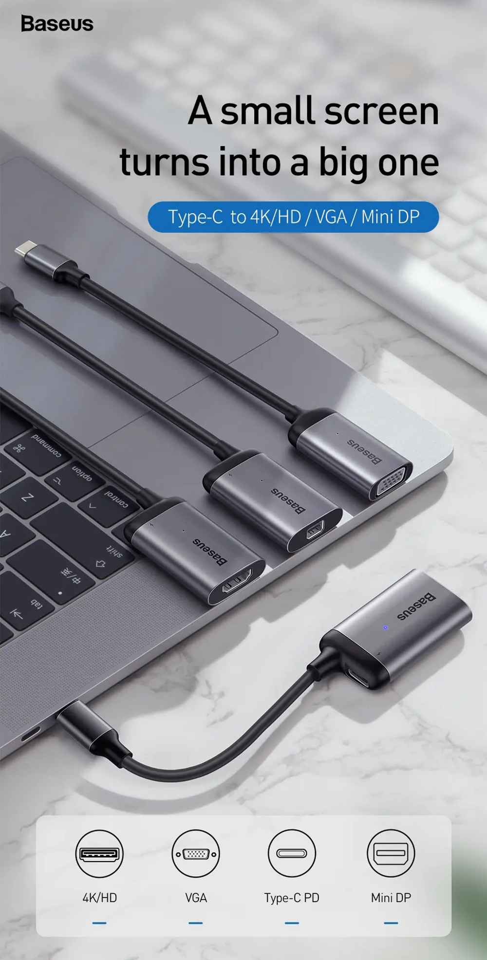 Baseus Type-C To 4K HD / Mini DP / VGA HUB Adapter With PD Power Converter Splitter For Macbook Pro - Grey