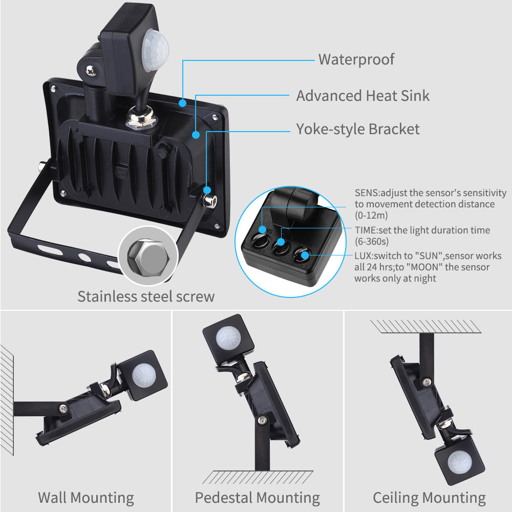 20W 1600 Lumens Outdoor LED Spotlight IP65 Waterproof With Sensor Dust-proof Shockproof Explosion-proof For Truck Jeep Tractor Boat - Warm White