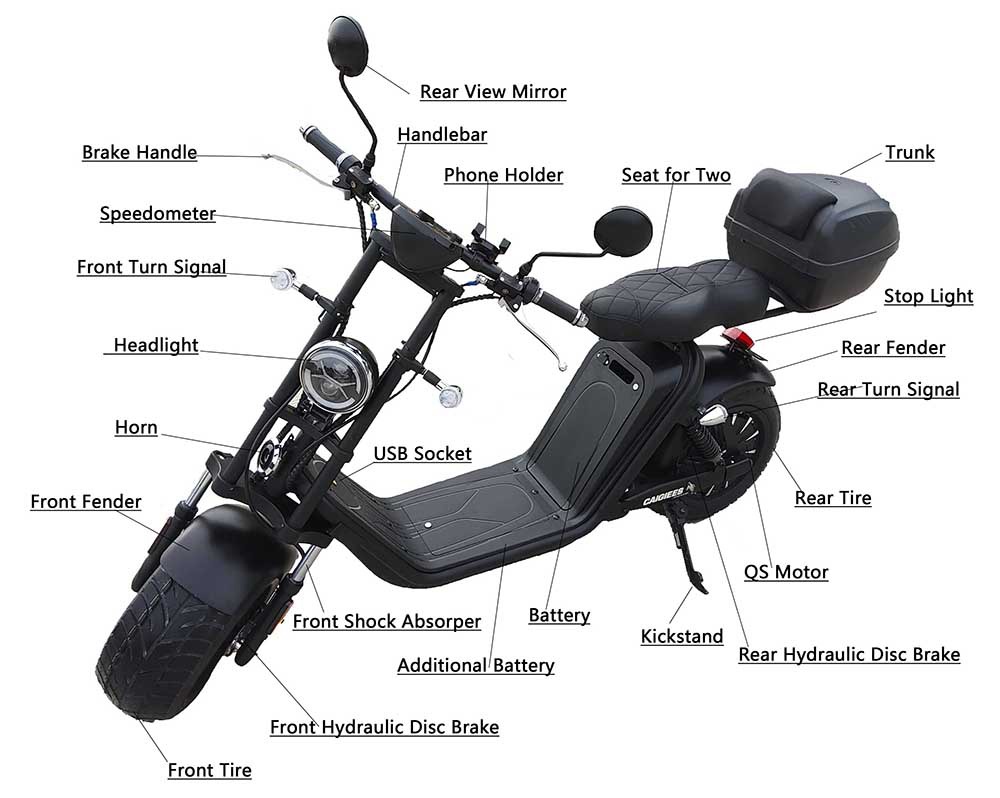 CityCoco Ghost Electric Motor Scooter 12 inch Fat Tire 2000W Brushless Motor 28Ah Battery Max Speed 45km/h Hydraulic Disc Brake LED Light -Black