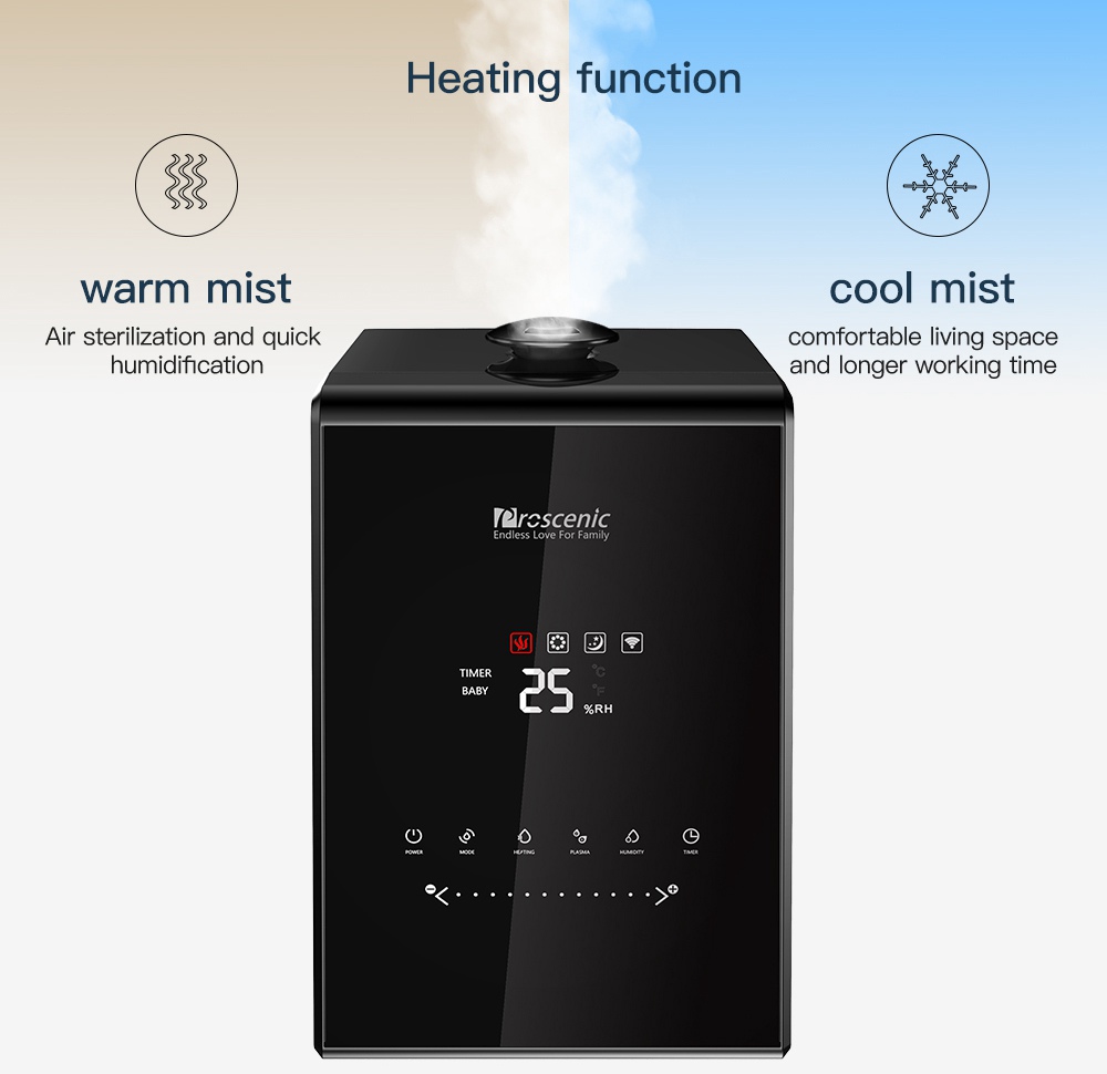 Proscenic 808C Smart Air Humidifiers LED Display App Alexa Google Voice Control 5.3L Large Capacity Warm and Cool Mist Customized Humidity Levels Mist Adjustment for Home Bedroom Office - Black
