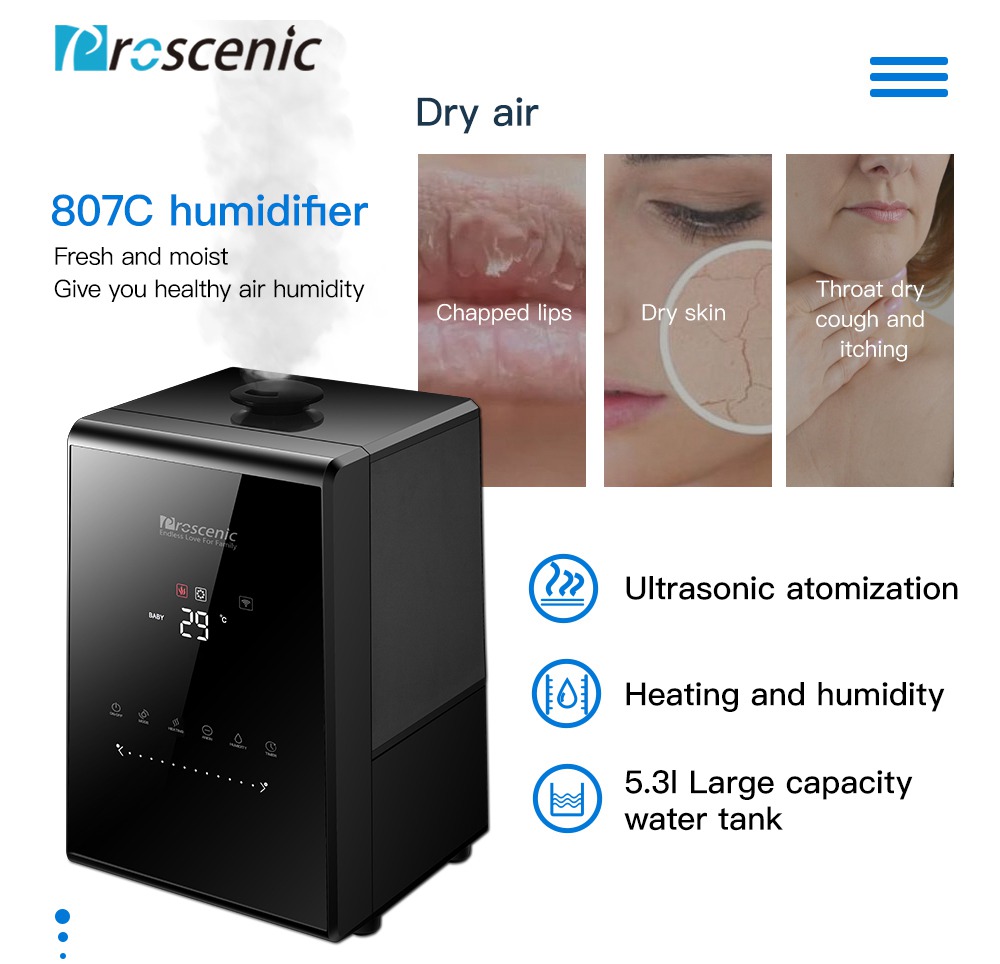 Proscenic 808C Smart Air Humidifiers LED Display App Alexa Google Voice Control 5.3L Large Capacity Warm and Cool Mist Customized Humidity Levels Mist Adjustment for Home Bedroom Office - Black